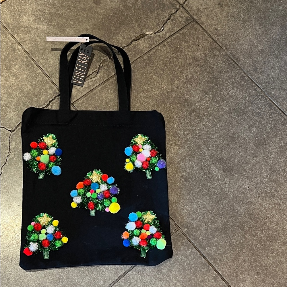 Violet Ray NYC Black Christmas Tote with Colorful Pom-Pom Trees - Picture 12 of 14